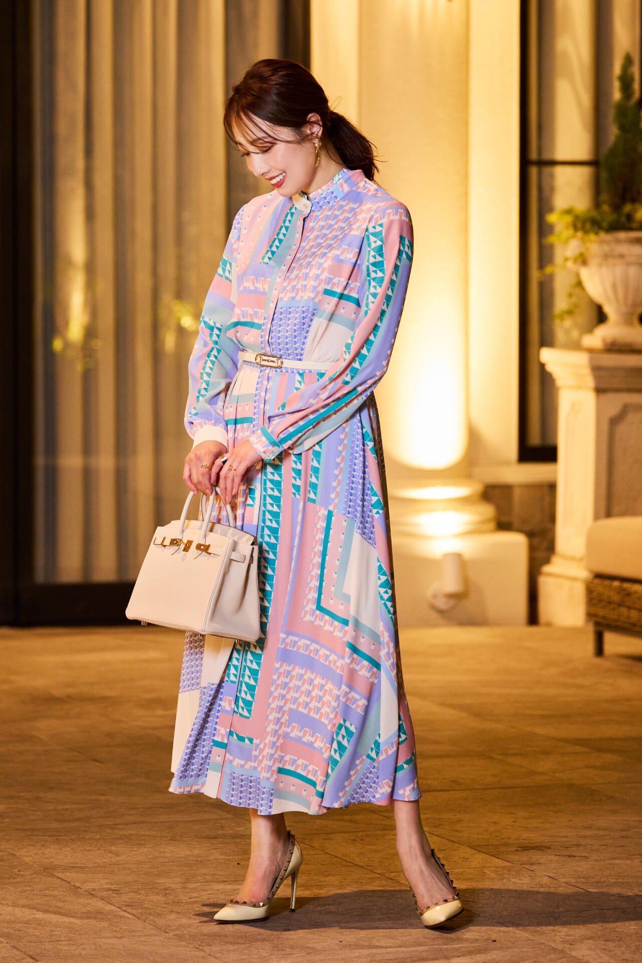 冨張愛コラボ] ジオメトリックブロックプリントワンピース