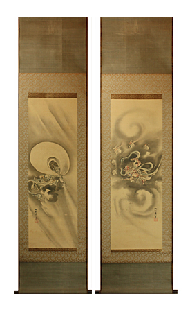 狩野素川章信 『風神雷神図 双幅』【掛軸 Hanging scroll】浮世絵