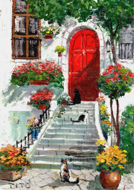 猫の絵画を油絵で描いた伊東拓実のインテリアの猫の絵「赤い扉と3匹の