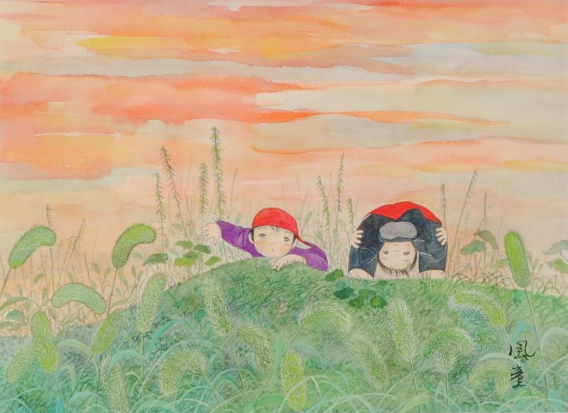 絵画の水彩画で開田風童が描いた子供たちの絵「猫じゃらしの中で」を