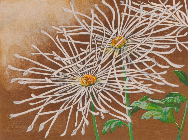 花の絵を木版画で制作したジュディ・オングの和の花の絵「いとぎく」を