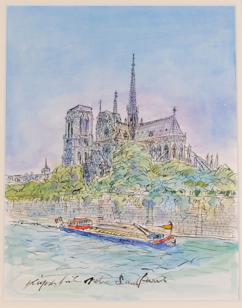 絵画の水彩画で石井清が描いたフランスのパリの風景画「ノートルダム