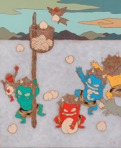 瀧下和之がアクリル画の絵画で描いた絵「桃太郎図 鬼ヶ島で運動会」を