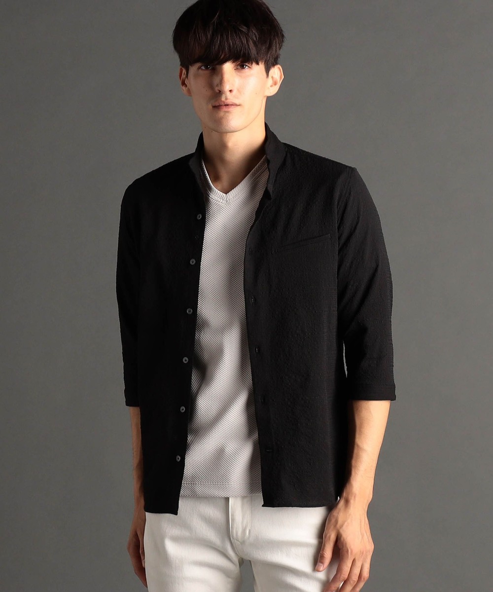 グレンチェックサッカー スタンドカラー7分袖シャツ｜5分/7分袖