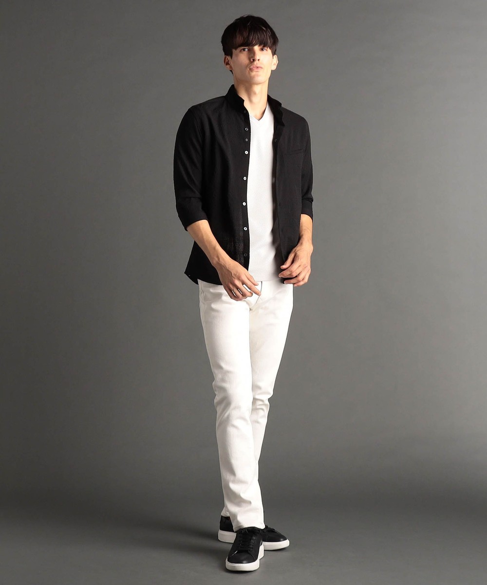 グレンチェックサッカー スタンドカラー7分袖シャツ｜5分/7分袖