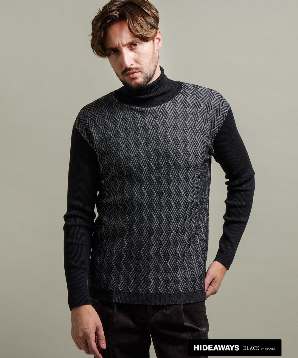 HIDEAWAYS BLACK】バスケットジャカードタートルネックニット｜プル