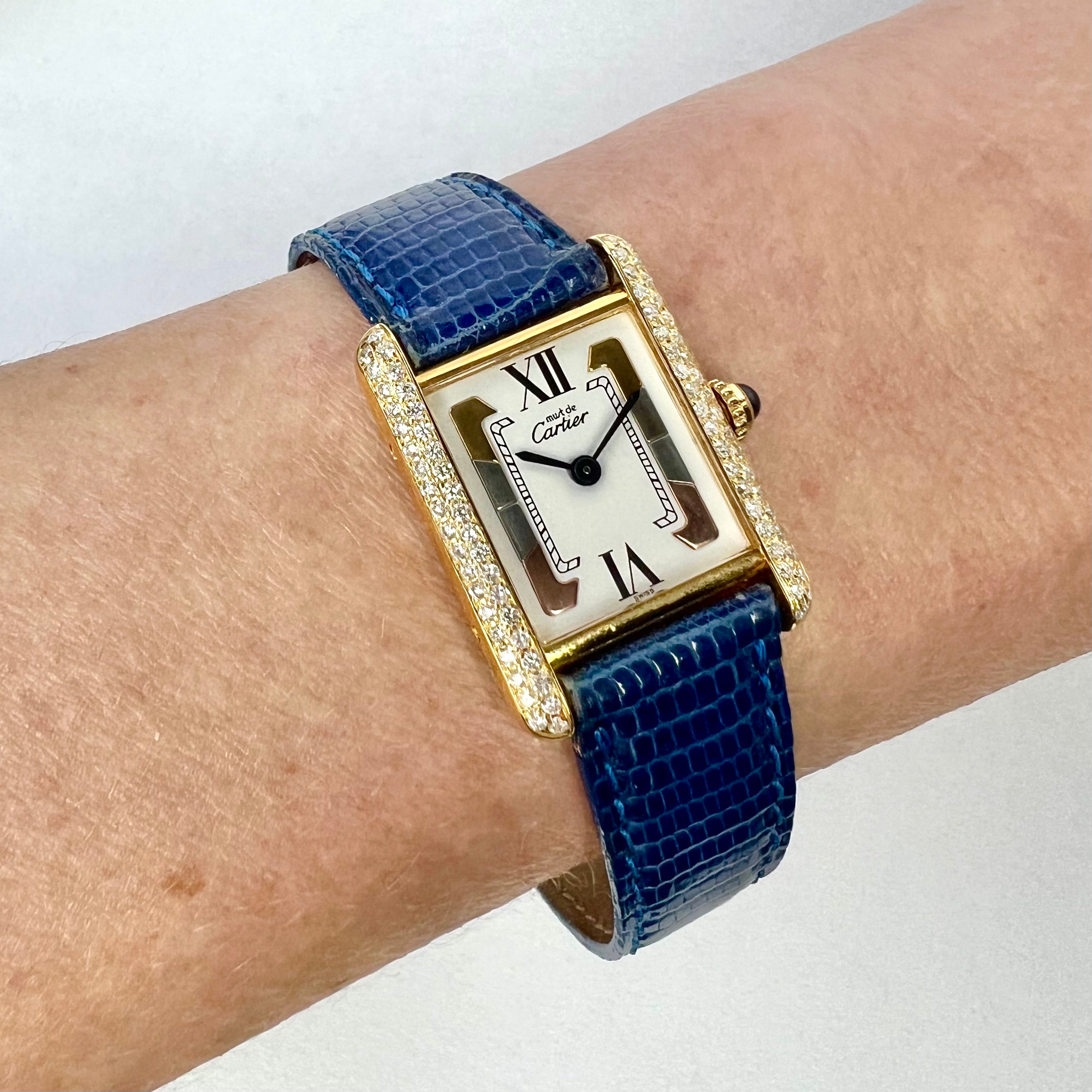 CARTIER TANK Quartz 21mm GP Silver 0.65TCW Diamond Watch | NATILUXIA