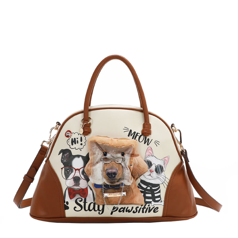 Big Brother Medium Dome Satchel Bag with Dog Plush, Cat Print in