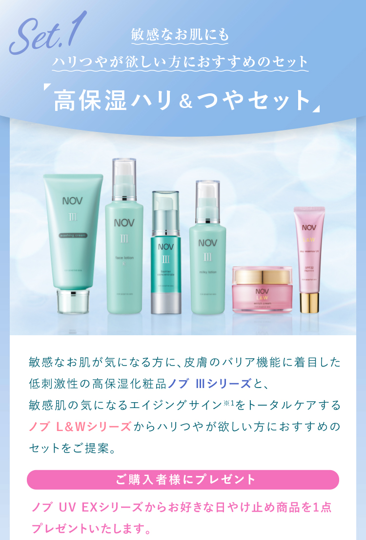 ノブ 4点セット 化粧水、保湿美容液、保湿乳液、日焼け止めスティック