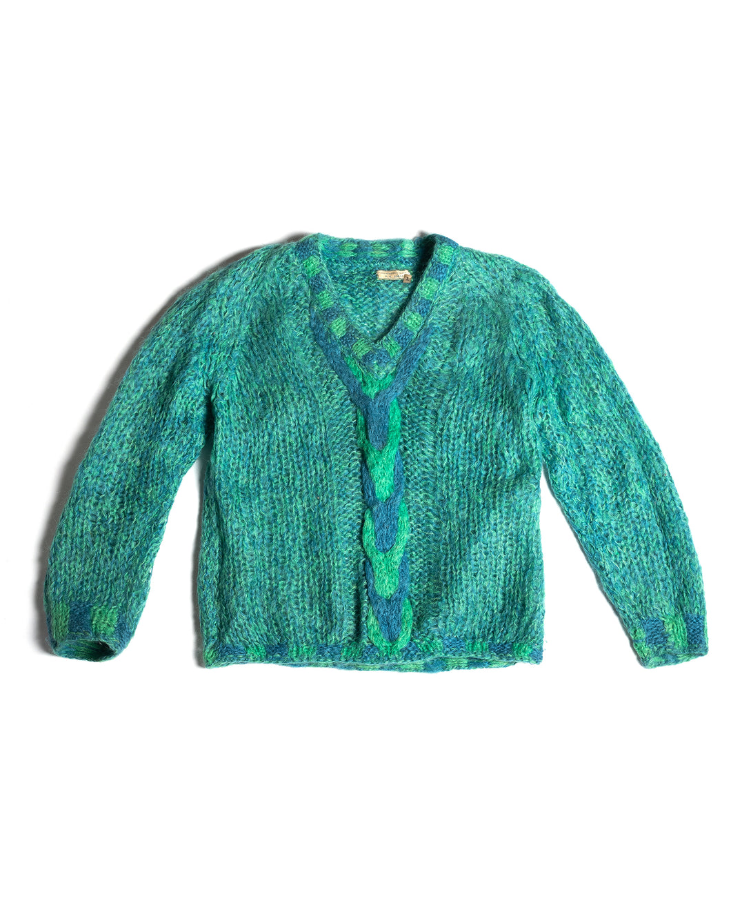 1960s Aqua Blue green Italian Mohair Vneck Cable Knit Sweater