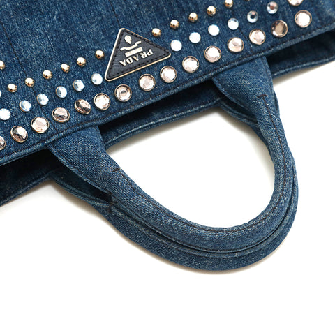 プラダ PRADA カナパ デニム スタッズ ハンドバッグ ブルー P14688