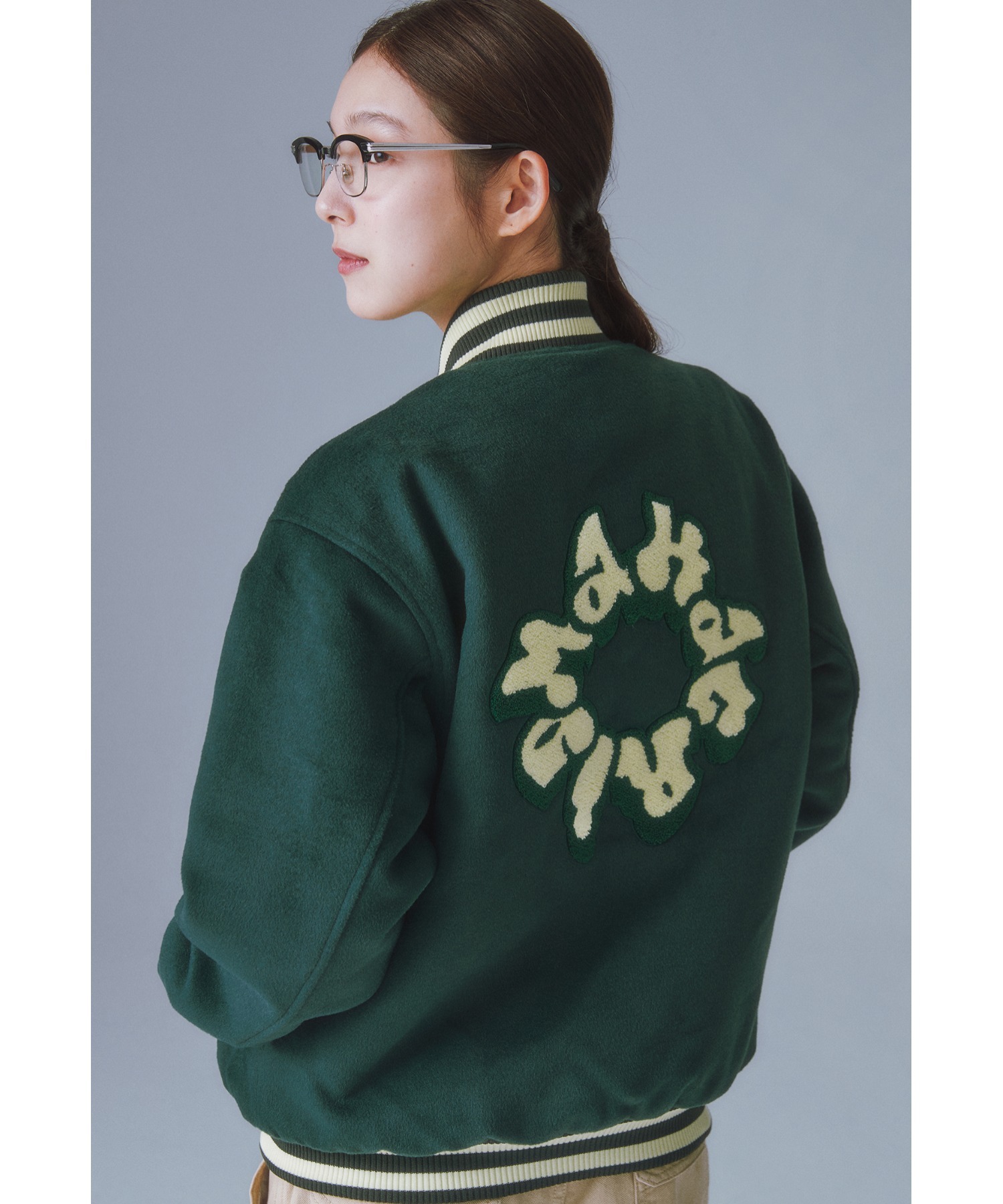 mahagrid/マハグリッド』THROW UP VARSITY JACKET/サークルロゴ