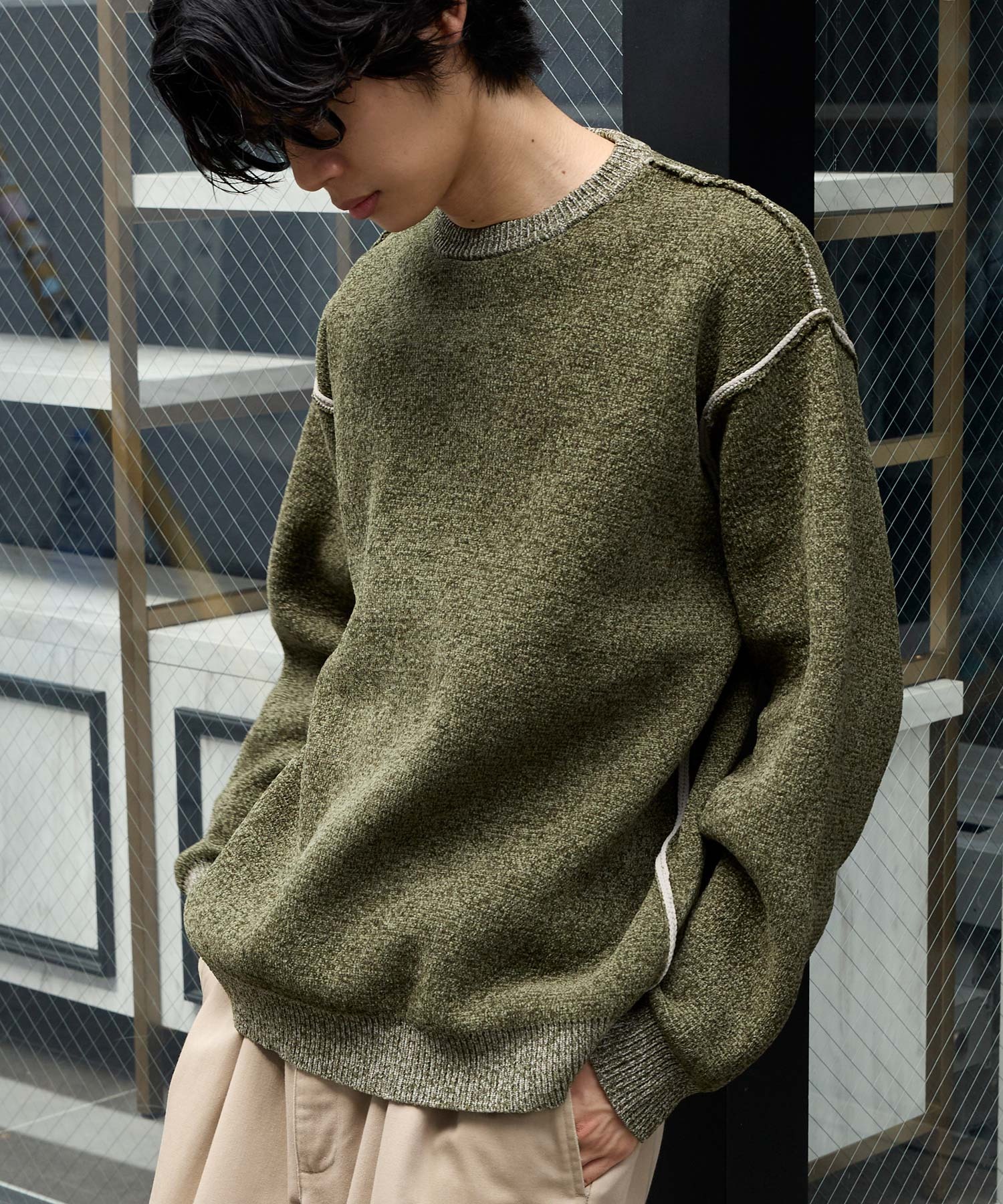 マシンウォッシャブル/アンチピリング＞アウトリンキング配色クルー