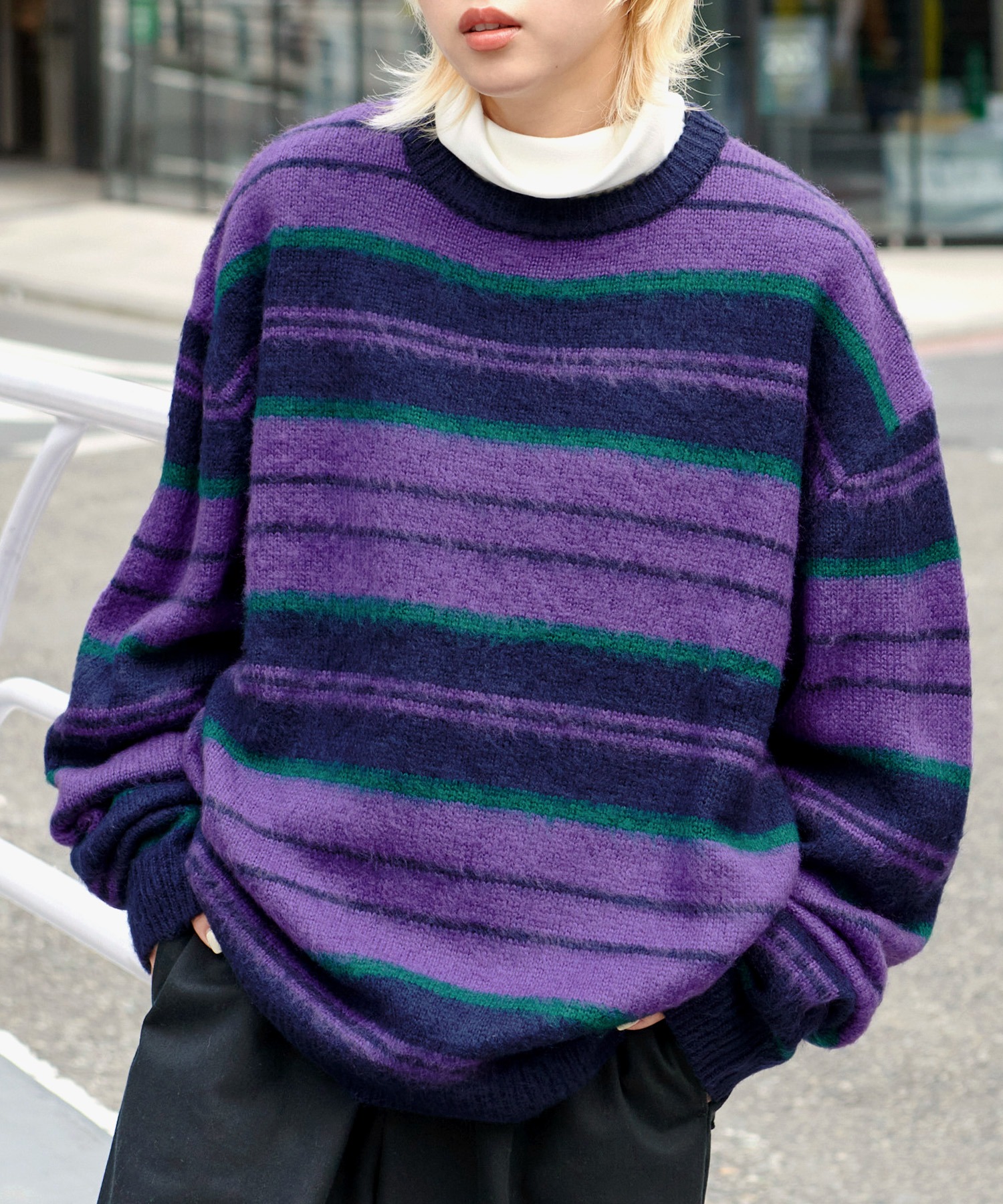 CODDERR】モヘアライクマルチボーダー ビッグシルエットプルオーバー