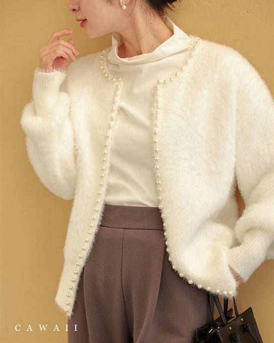 パールで囲むふわふわファーカーディガン – ONE PEACE ONLINE