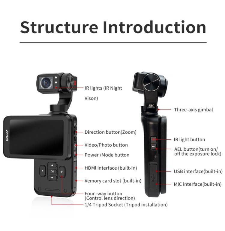 ORDRO M5 Pocket Gimbal Camera – 5K Stabilized Vlog Camera with