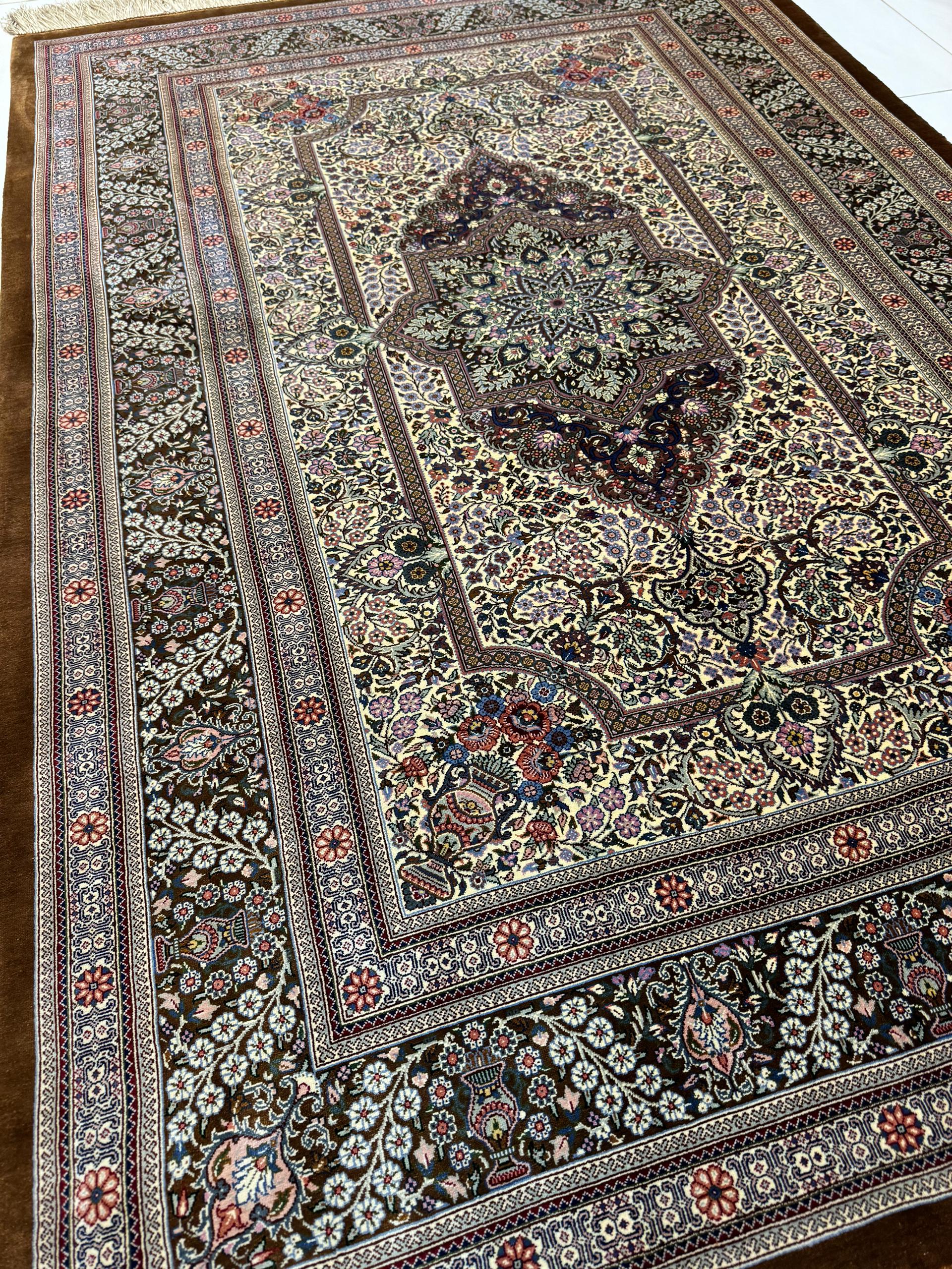 Y3283 高級ペルシャ絨毯 クム産 工房サイン シルク100% 手織り 高級