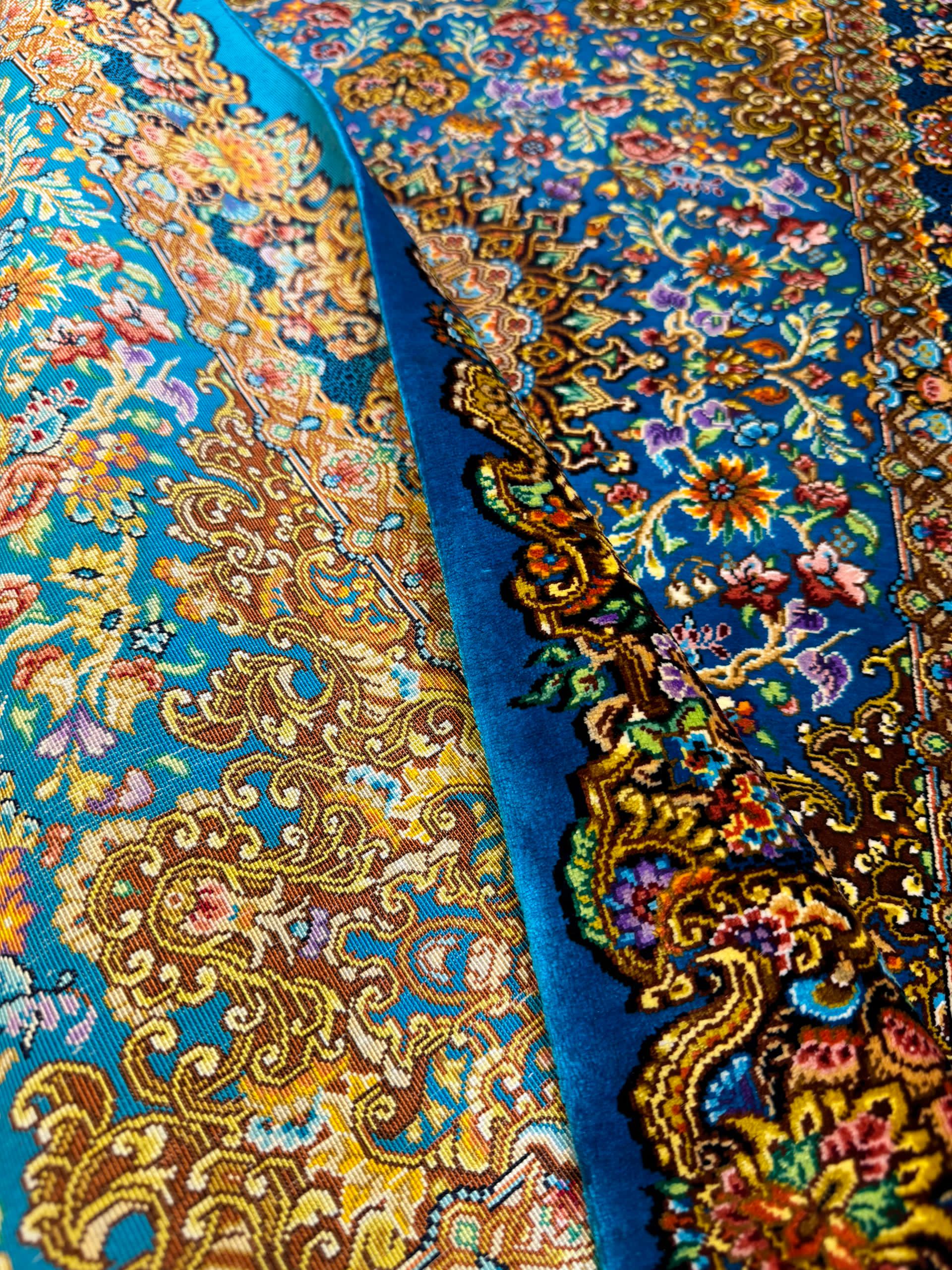 高級ペルシャ絨毯クム産シルク100％ メフルバフ工房 90×60cm（FN-10033