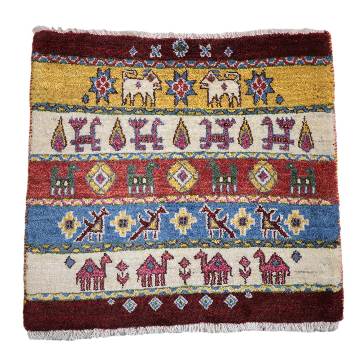 ギャッベ,ラグ,ルリバフ,ボーダー柄,動物モチーフ,60×62cm,高密度