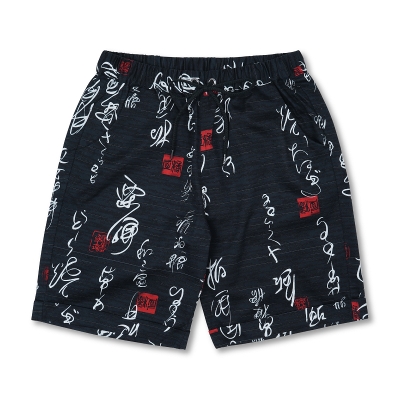 和柄 KIMONOショーツ ＜鞍馬天狗のうちわ/紺赤＞ | 京友禅アロハシャツ