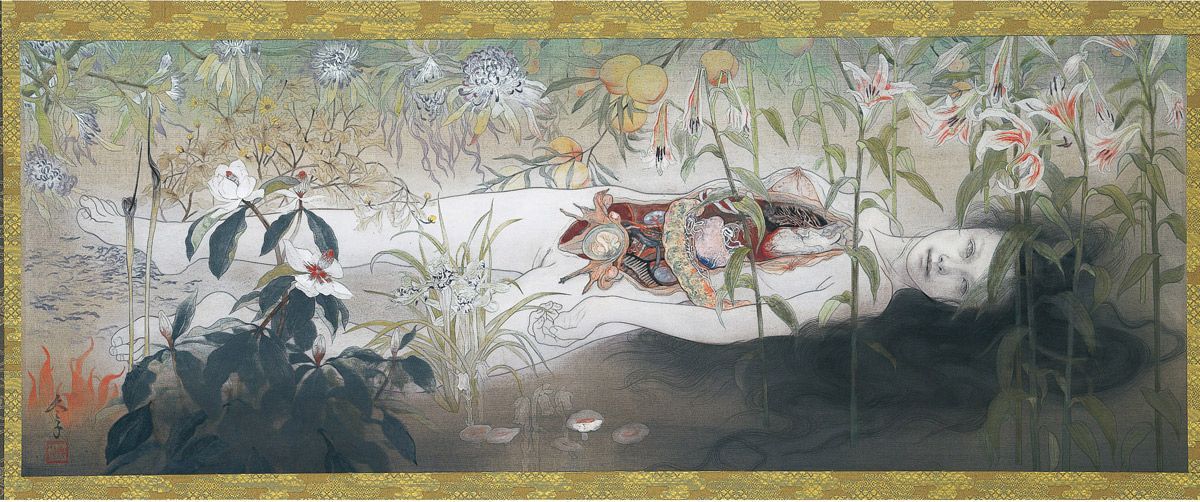 松井冬子『浄相の持続』。死んだ肉体が次第に腐り、動物に食べられたり