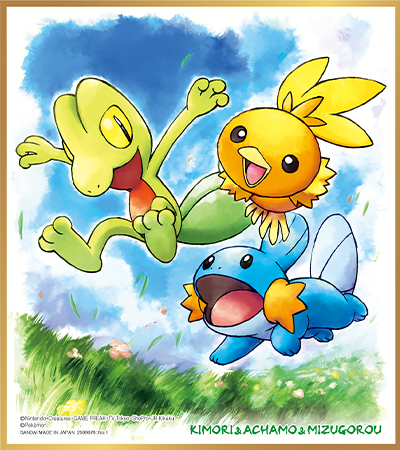 水彩画タッチで描かれた ✓原っぱで遊ぶ #キモリ #アチャモ