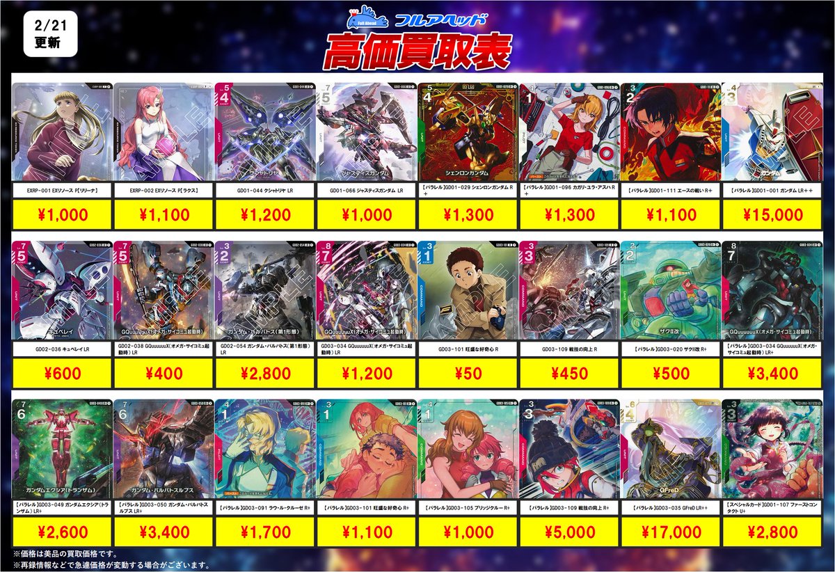 💥価格更新情報💥】 ガンダムカード買取表を更新いたしました！！ 今回