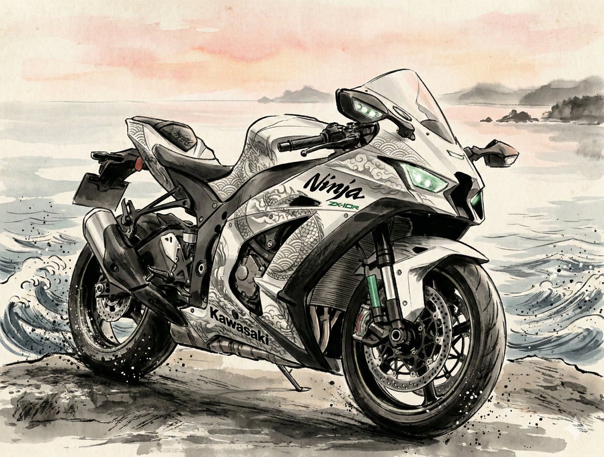 白いZX-10Rと龍。