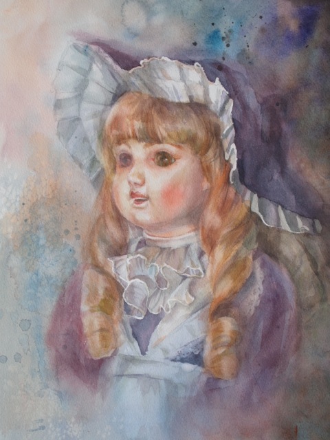 描き初め F6号「アンティークドール」 : デルフトブルー☆