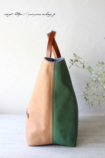 帆布】ピンクとピスタチオカラーのトート風バイカラーマルシェバッグ