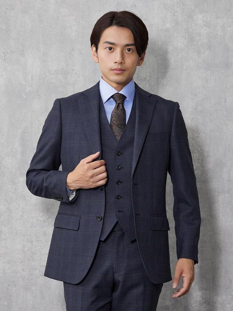 Super100'S】ウール100％ スリーピーススーツ グレンチェック ネイビー