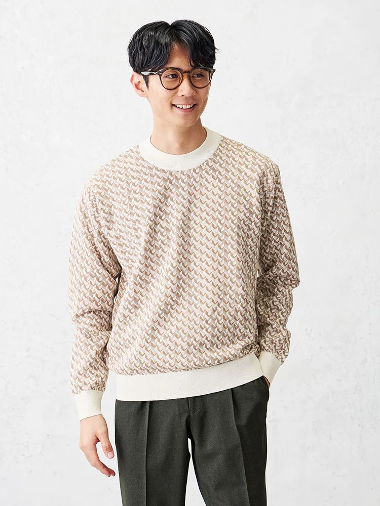 ハイゲージ コットン クルーネック 柄ニット ベージュ | P.S.FA公式通販