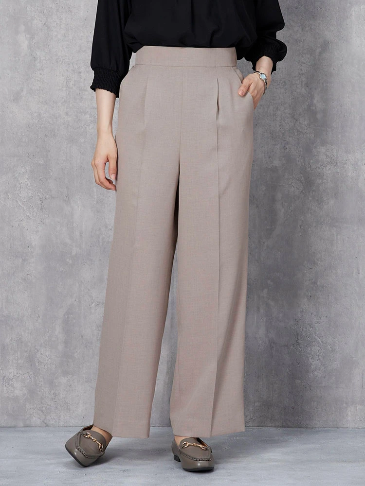 ベージュ ＜セットアップ可能＞麻調 ワイドパンツ ベージュ/ネイビー