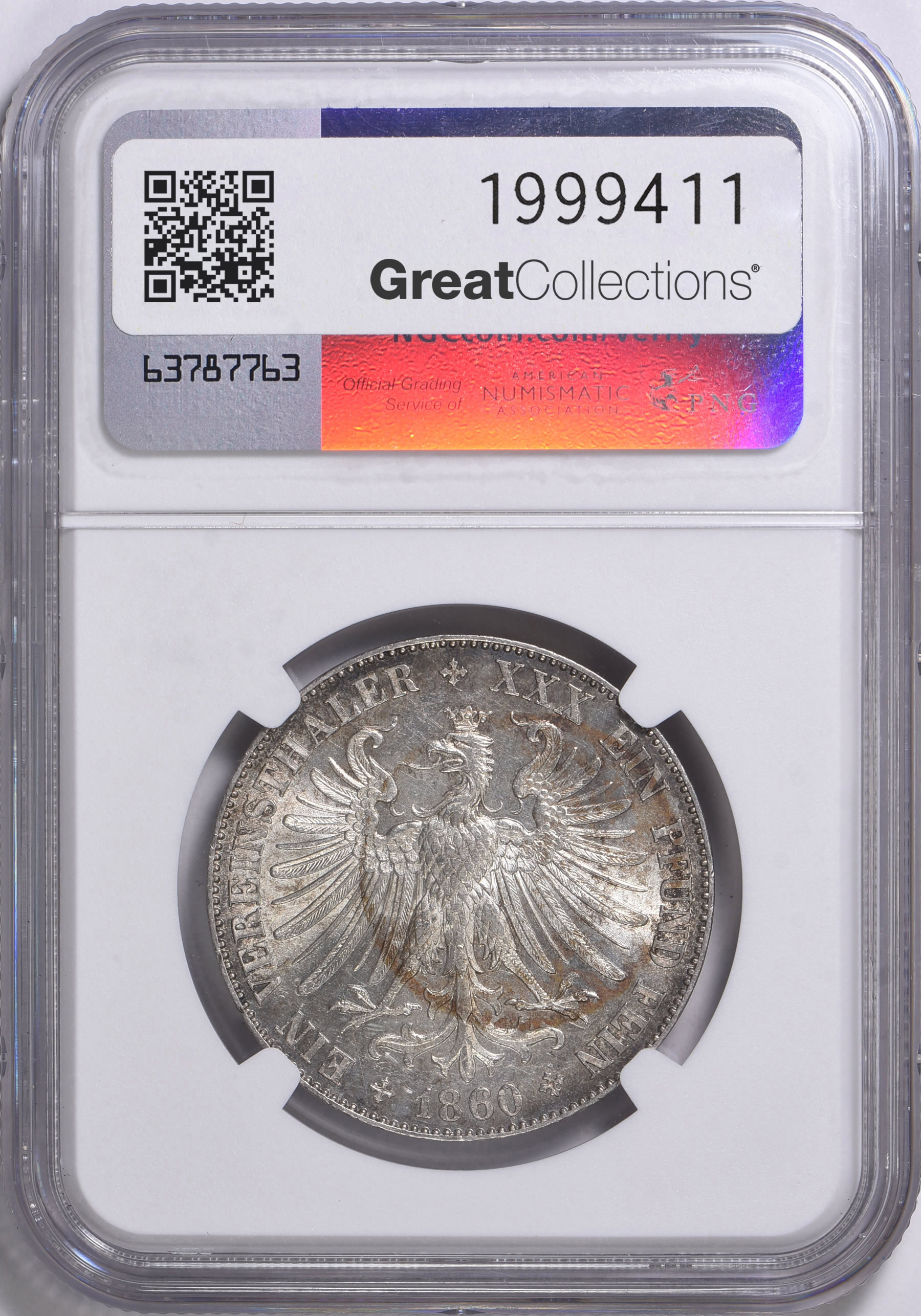 Germany - Frankfurt 1860 Silver Thaler KM-360 NGC MS-61 (Item