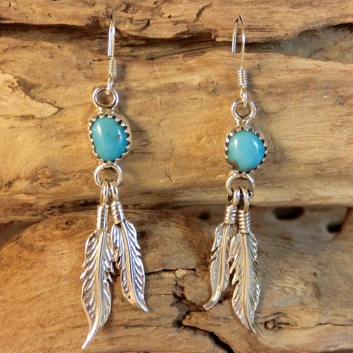 ナバホ族：ターコイズ付きシルバーフェザー ピアス - PINE☆FIELD
