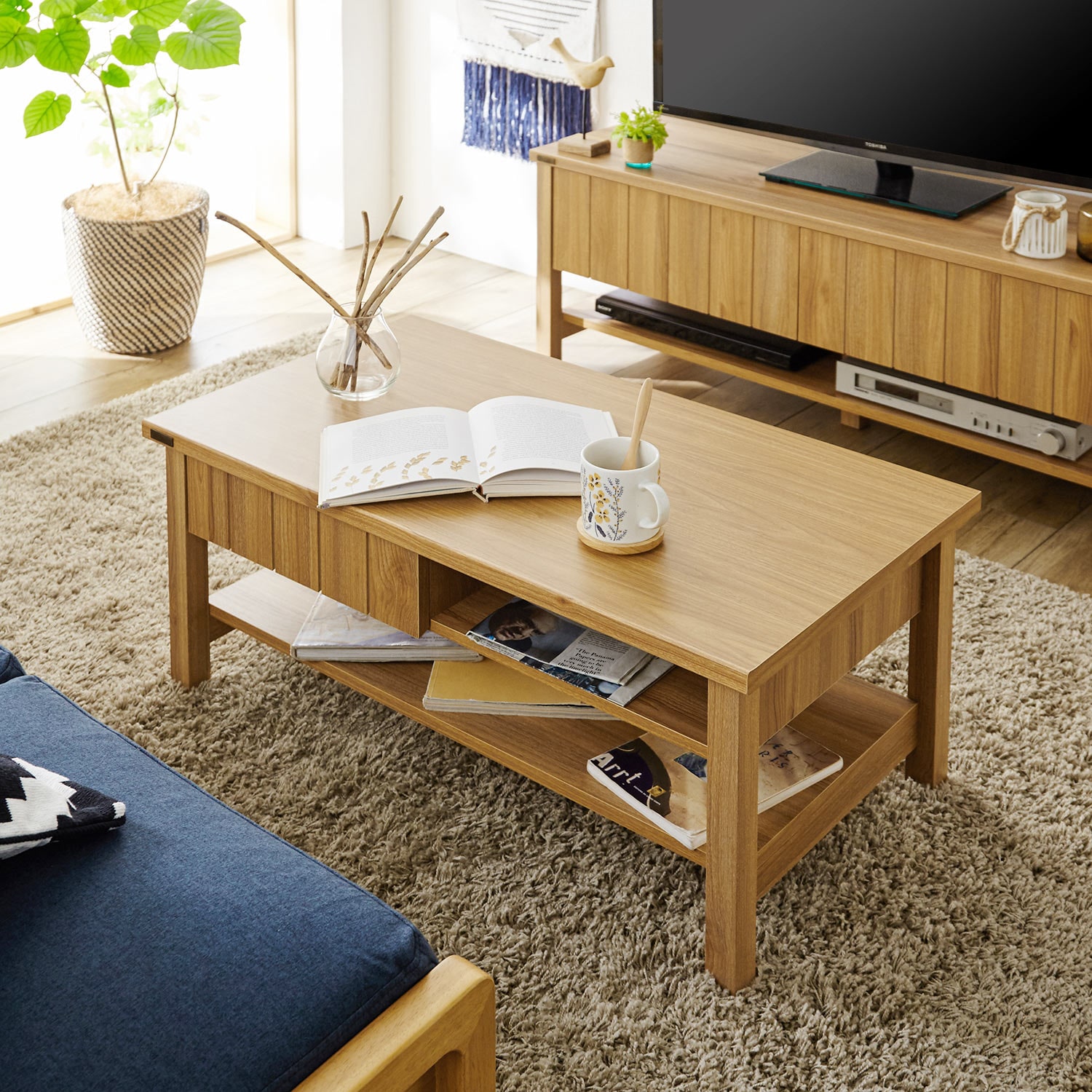 羽目板風引出し付きリビングローテーブル（ローテーブル/センター