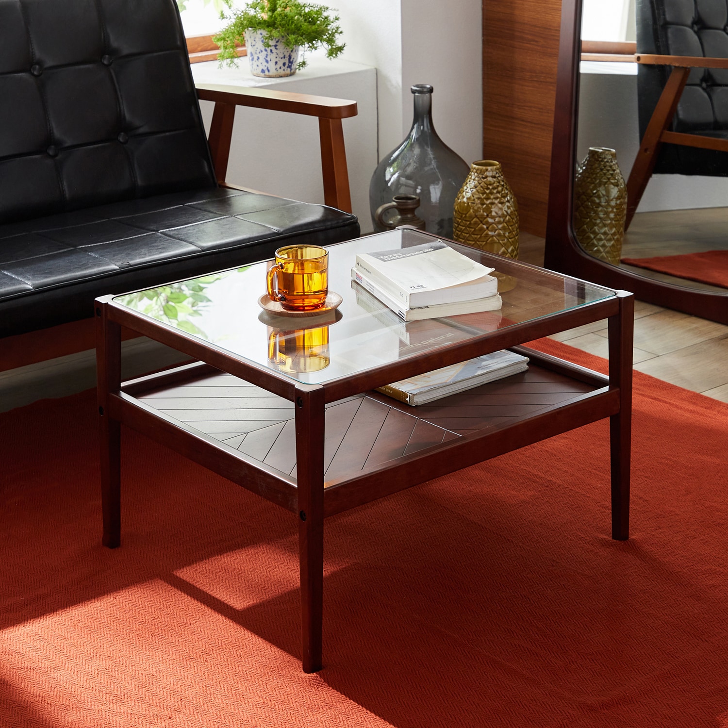 ヴィンテージ調ガラス天板ローテーブル（ローテーブル/センター