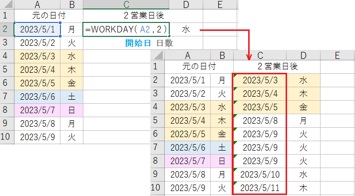 ExcelのWORKDAY関数で土日と祝日を除いた日付を計算する方法