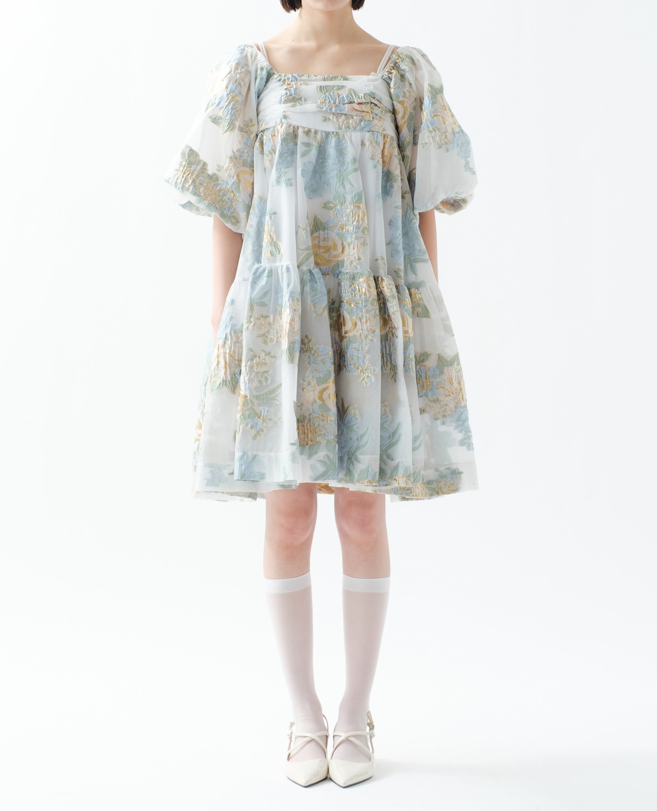 Gold jacquard puff mini dress