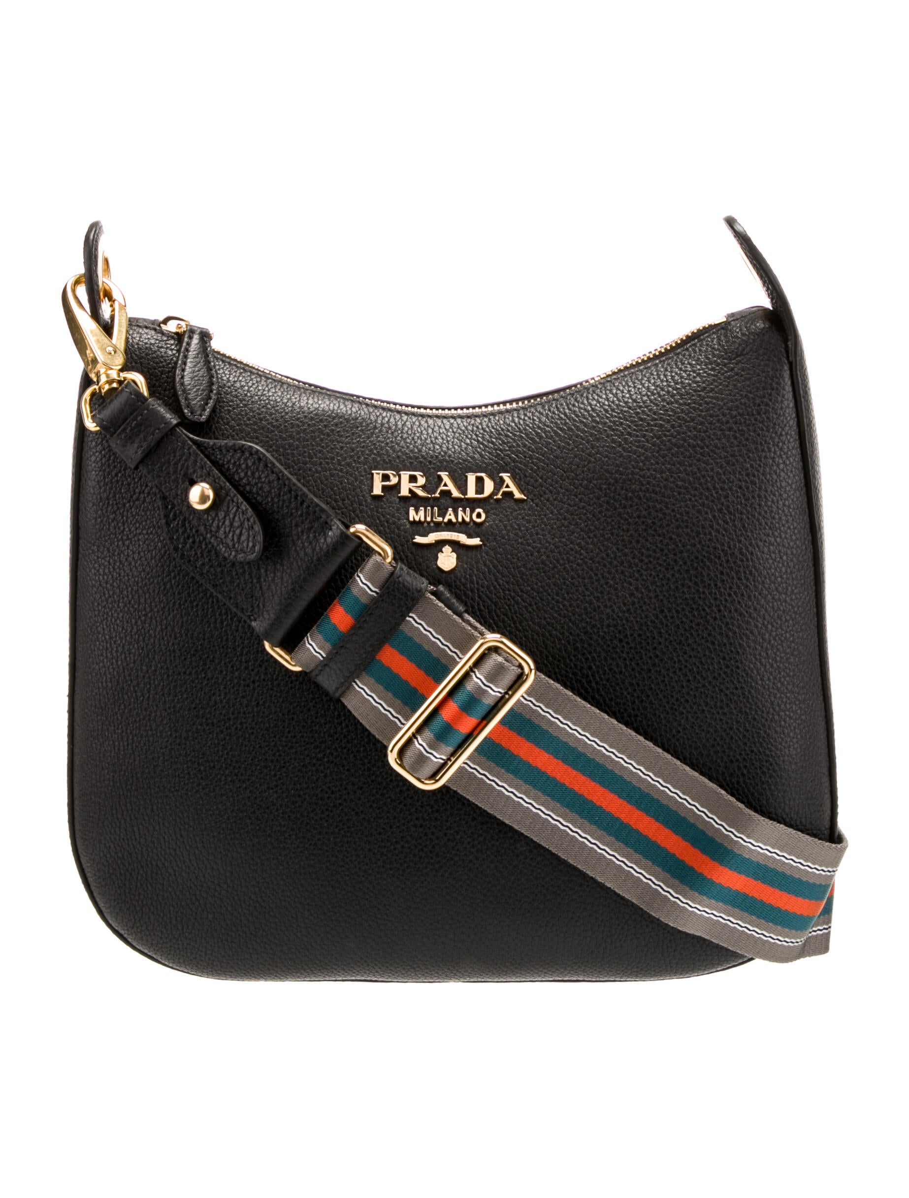 Prada Vitello Phenix Leather Web Stripe Strap Crossbody - Black