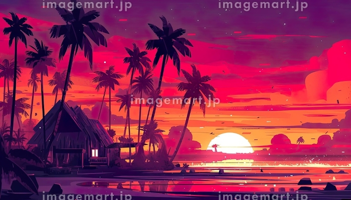 南国ビーチでの夕焼け風景画[AI生成画像]のイラスト素材 [257801736