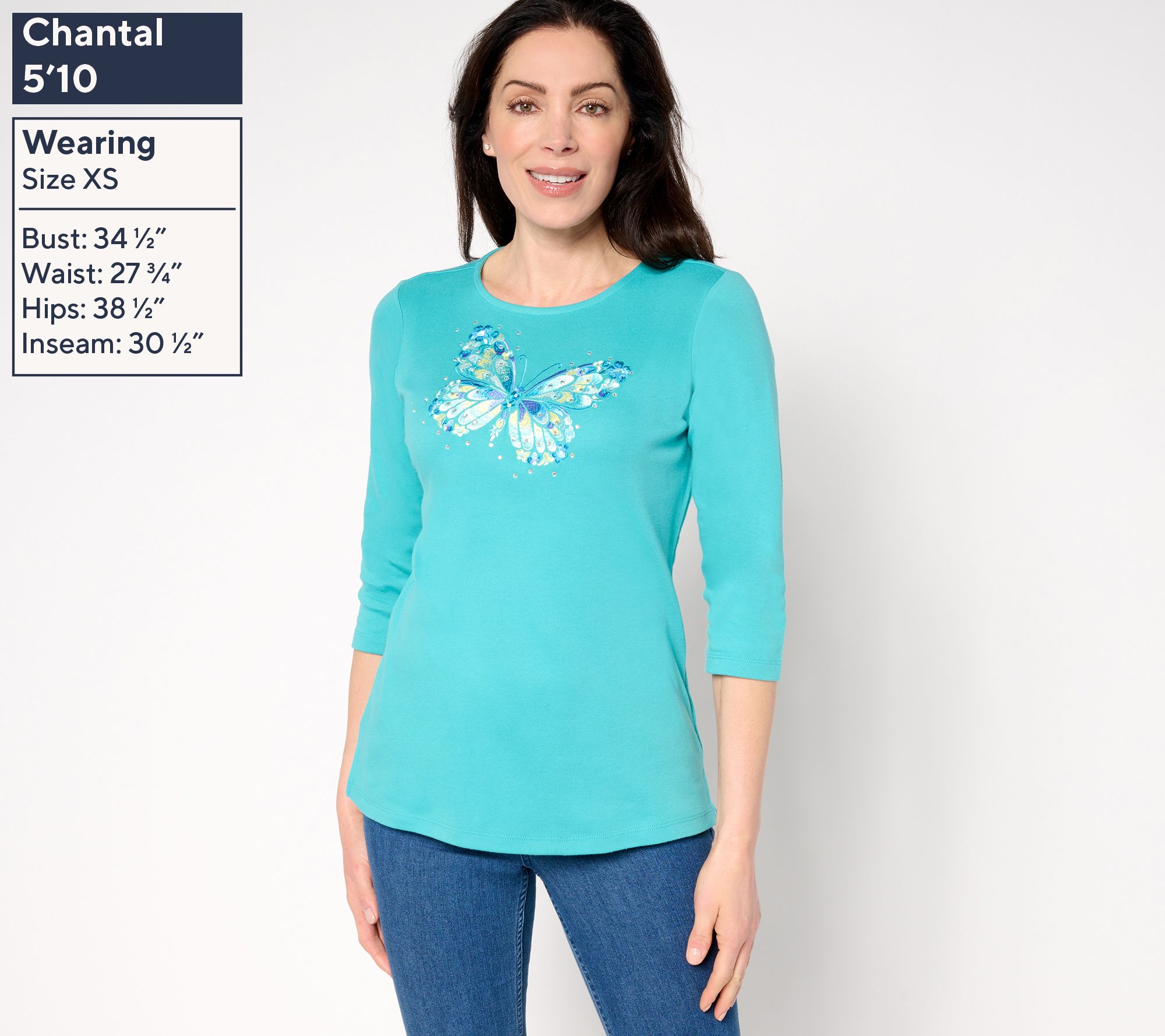 Quacker Factory Floribunda Butterfly Embroidered 3/4-Sleeve Top