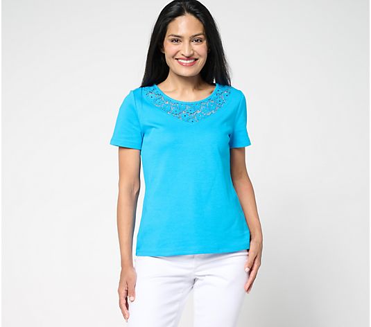 Isaac Mizrahi Live! Short Sleeve Cotton Top w/ Floral Lace Detail