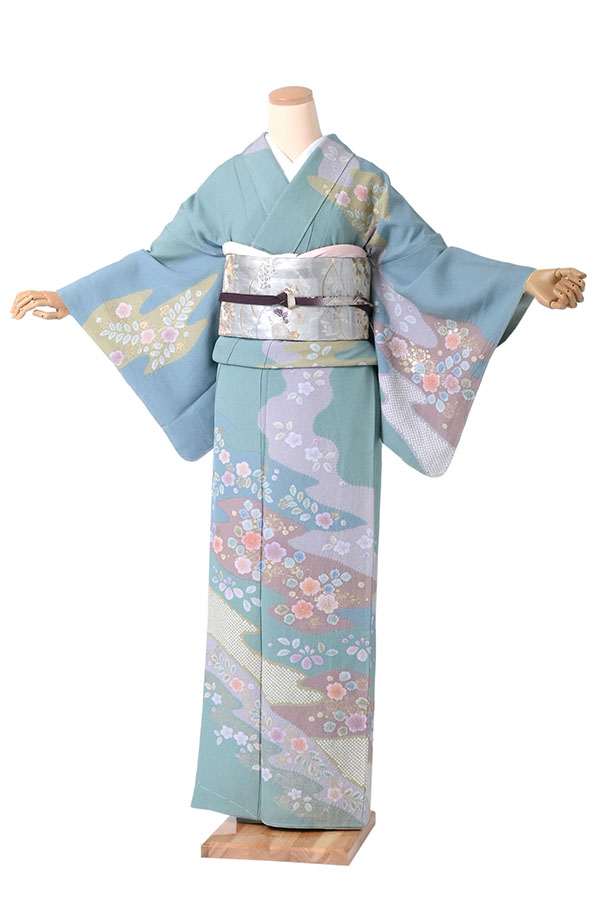 訪問着レンタル 流水取桜花紋 青緑/藤鼠/黄緑 MOサイズ D022｜京都