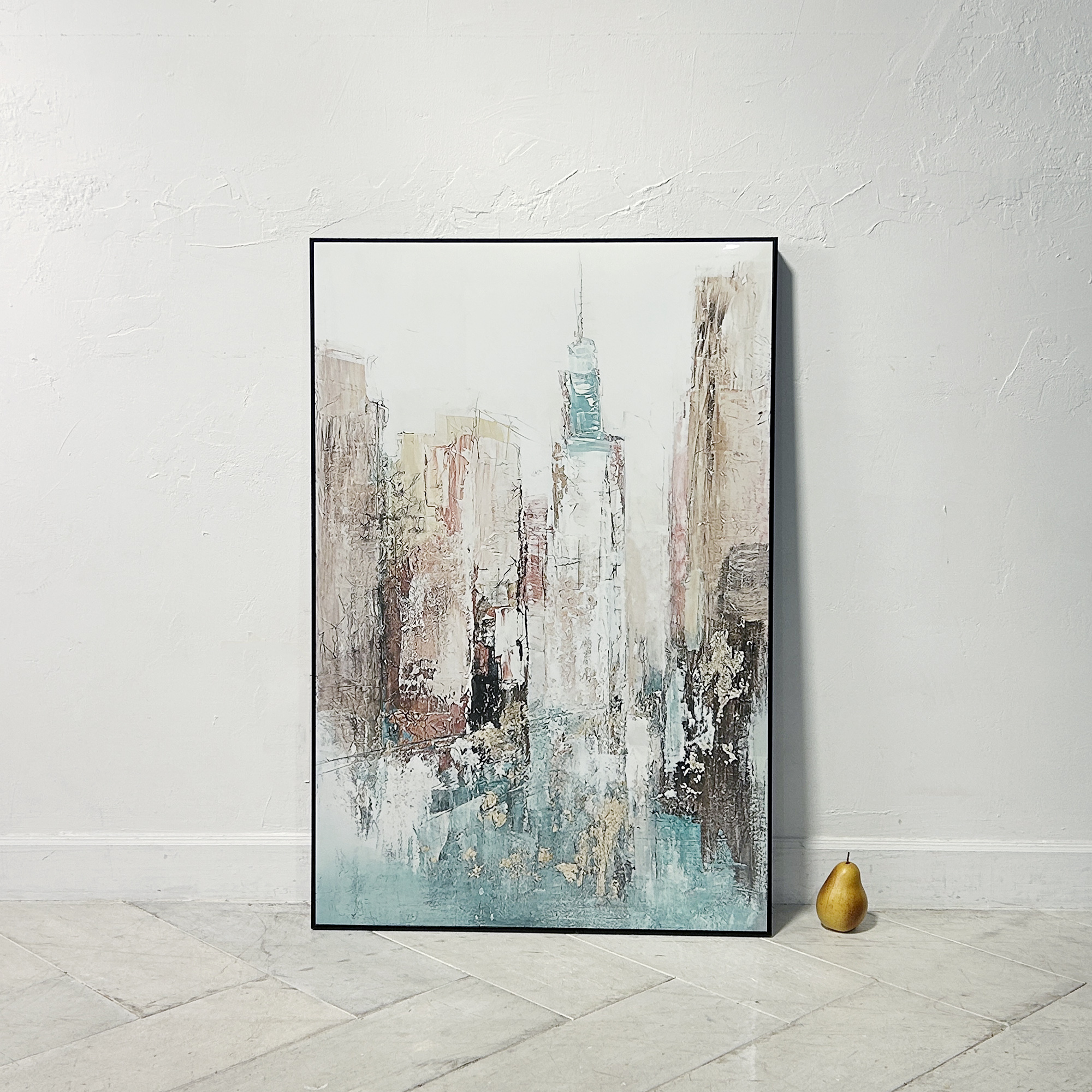 額絵 ウッドブラックフレーム 光沢抽象画 「油絵風 高層ビル グリーン