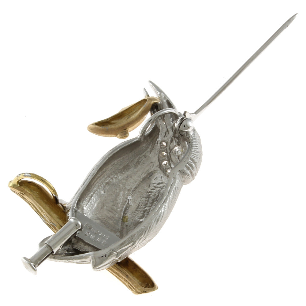 カワセミ 鳥 バード 魚 ブローチ 18金 K18ホワイトゴールド