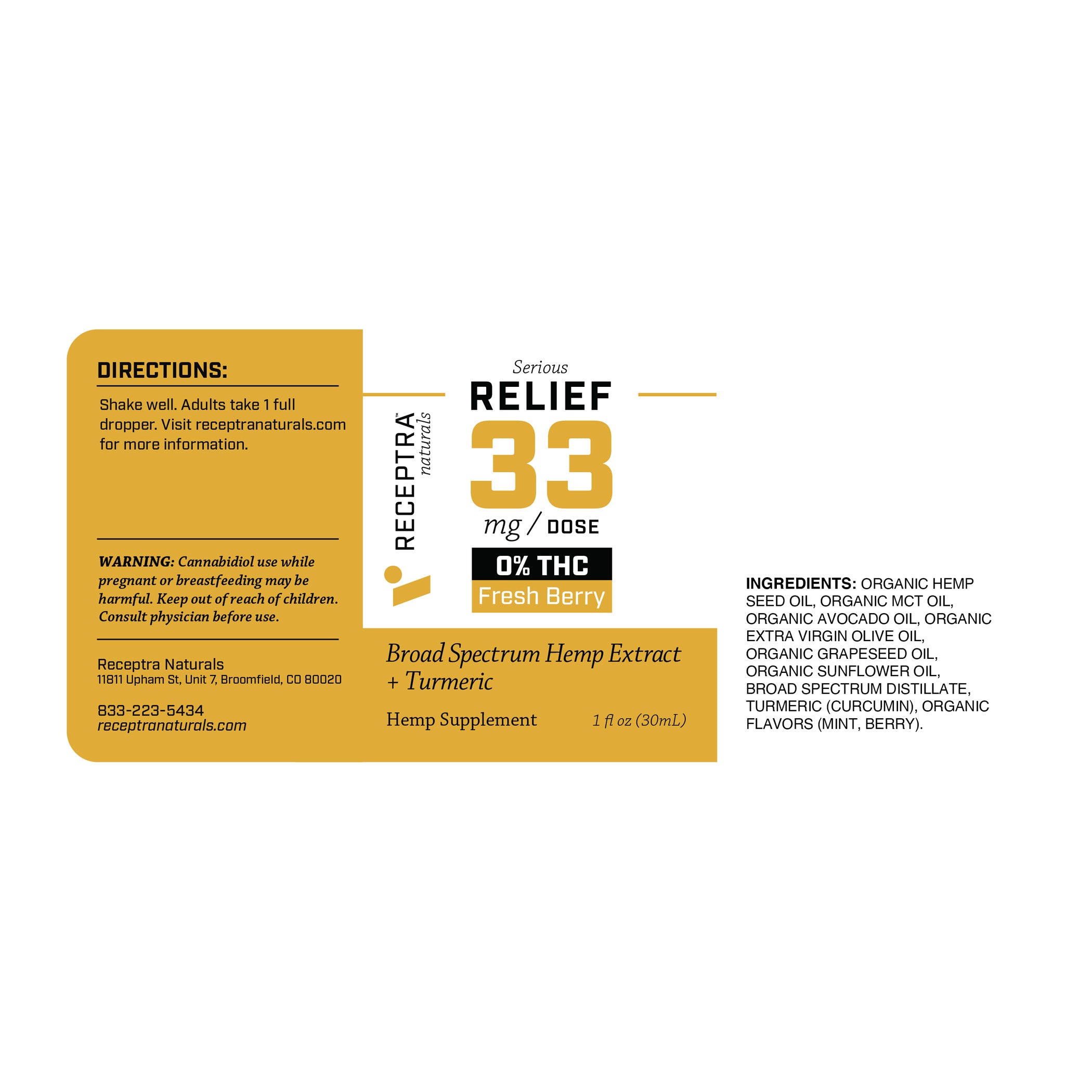 Relief CBD Oil + Turmeric 0% THC Tincture 33mg - Receptra
