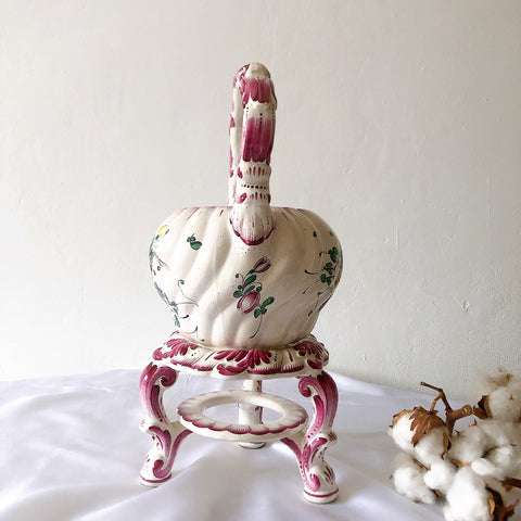 アンティークポット、 陶器鉢 プランター 台付き 手描きフラワーブーケ