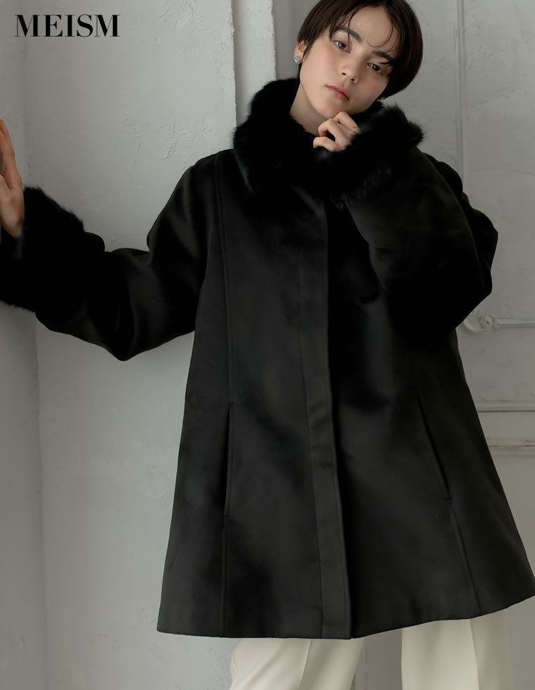 ウール コート 黒 ファー付き ウールライクファーティペット付きコート