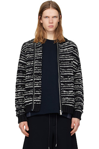 sacai: ブラック＆ホワイト Mix Knit ブルゾン カーディガン | SSENSE 日本